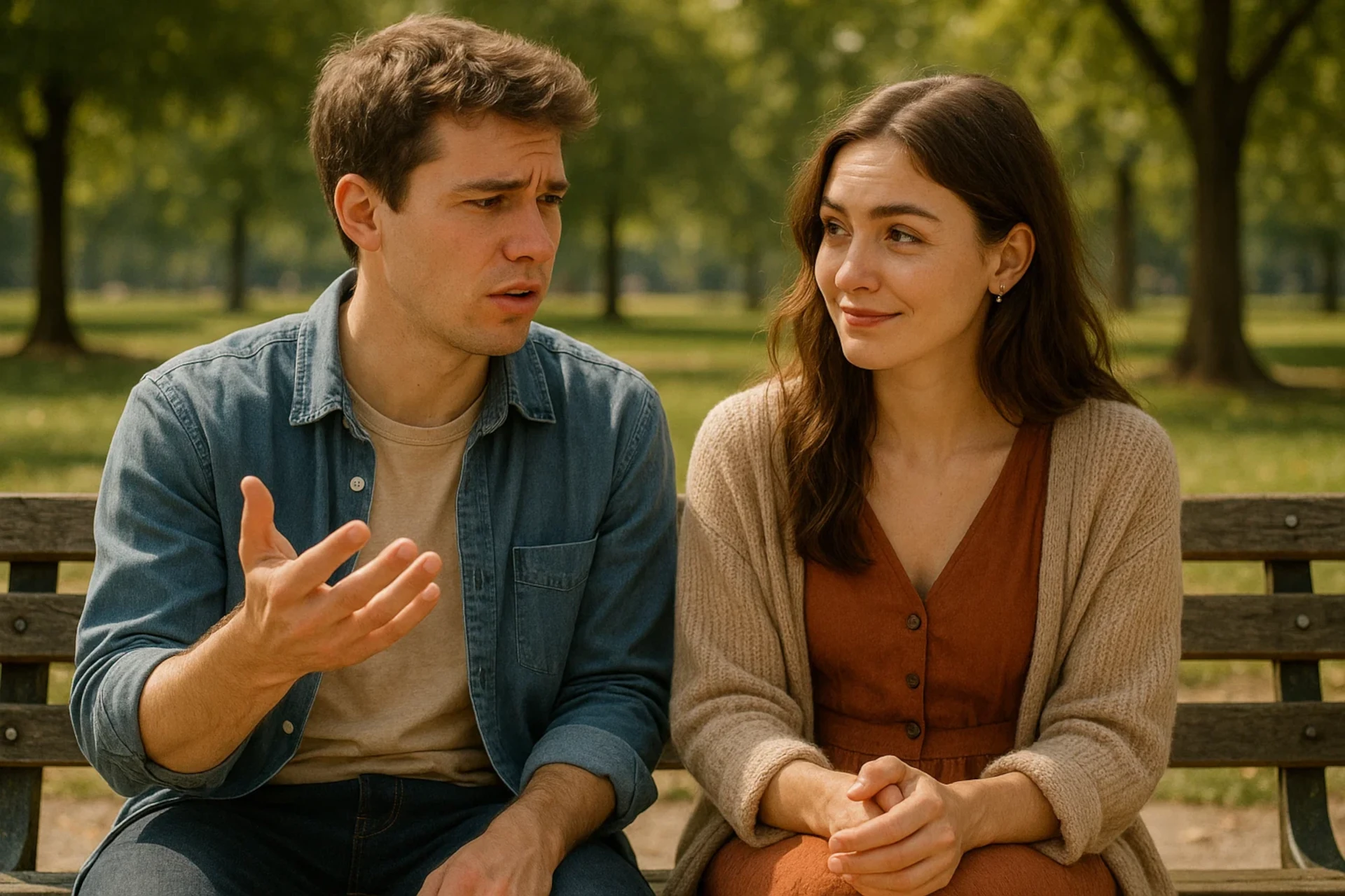 Casal jovem num banco de parque trocando olhares íntimos enquanto ele gesticula explicando algo.