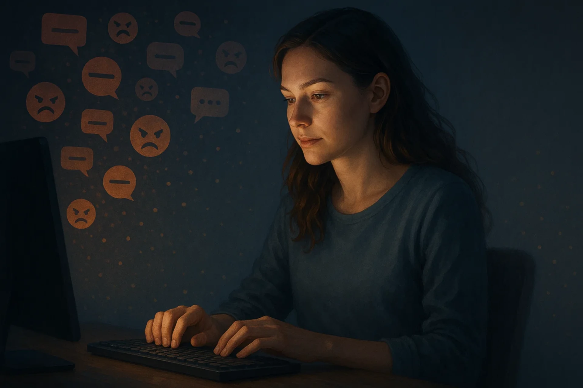 Mulher concentrada ao computador, rodeada por balões de fala com emojis de raiva e frustração.