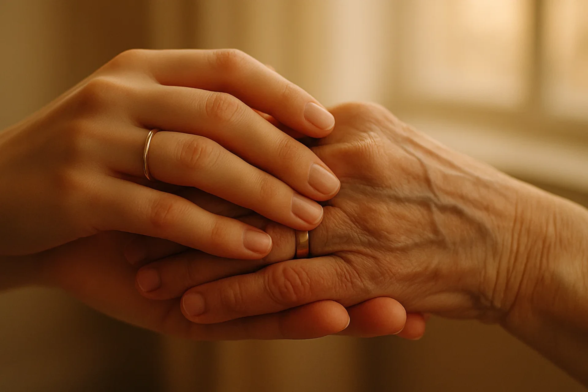 Mãos jovens e envelhecidas de duas pessoas, ambas usando anéis de casamento, unidas.