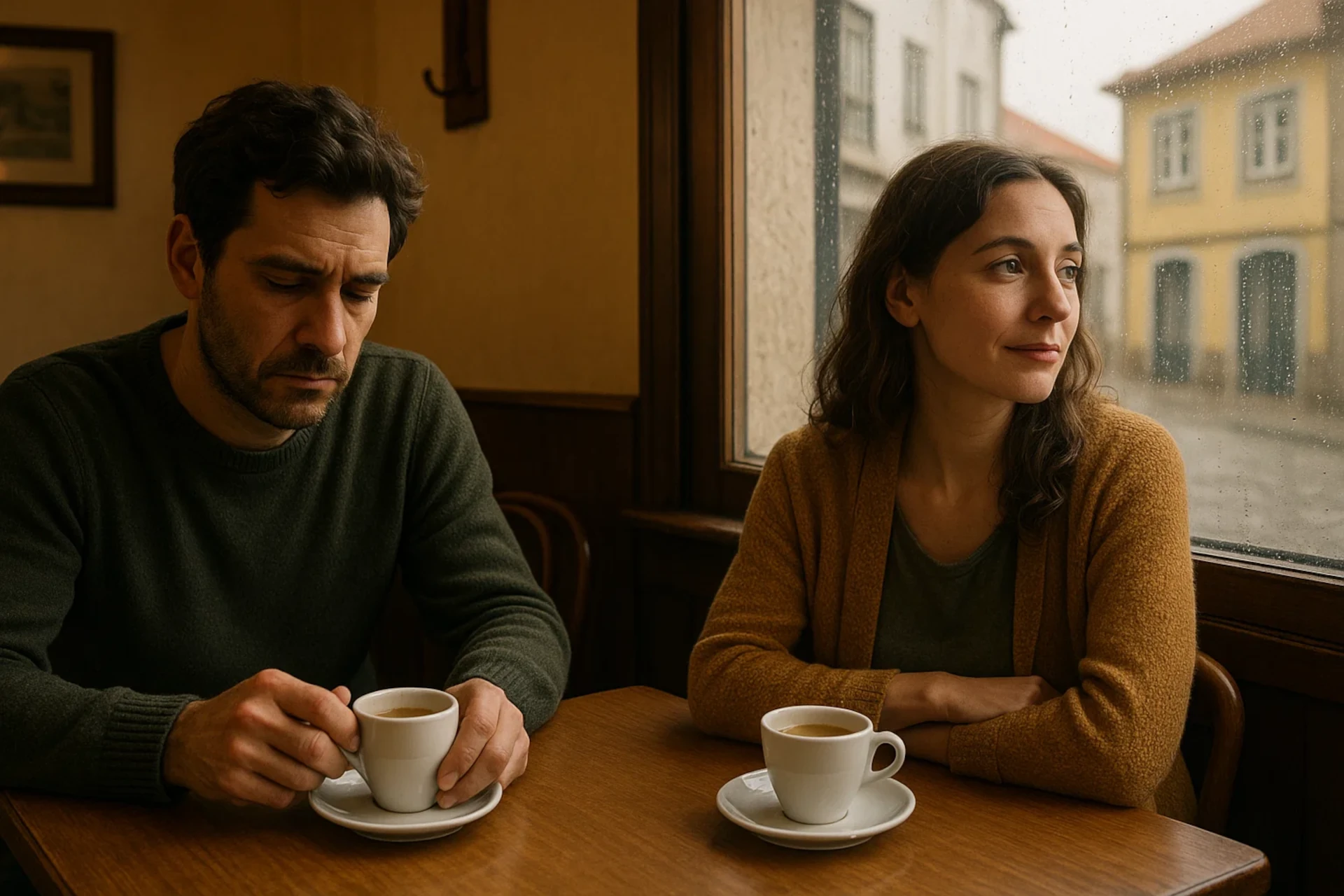 Um ex-casal triste e pensativo tomando café em uma mesa de madeira ao lado de uma janela chuvosa.