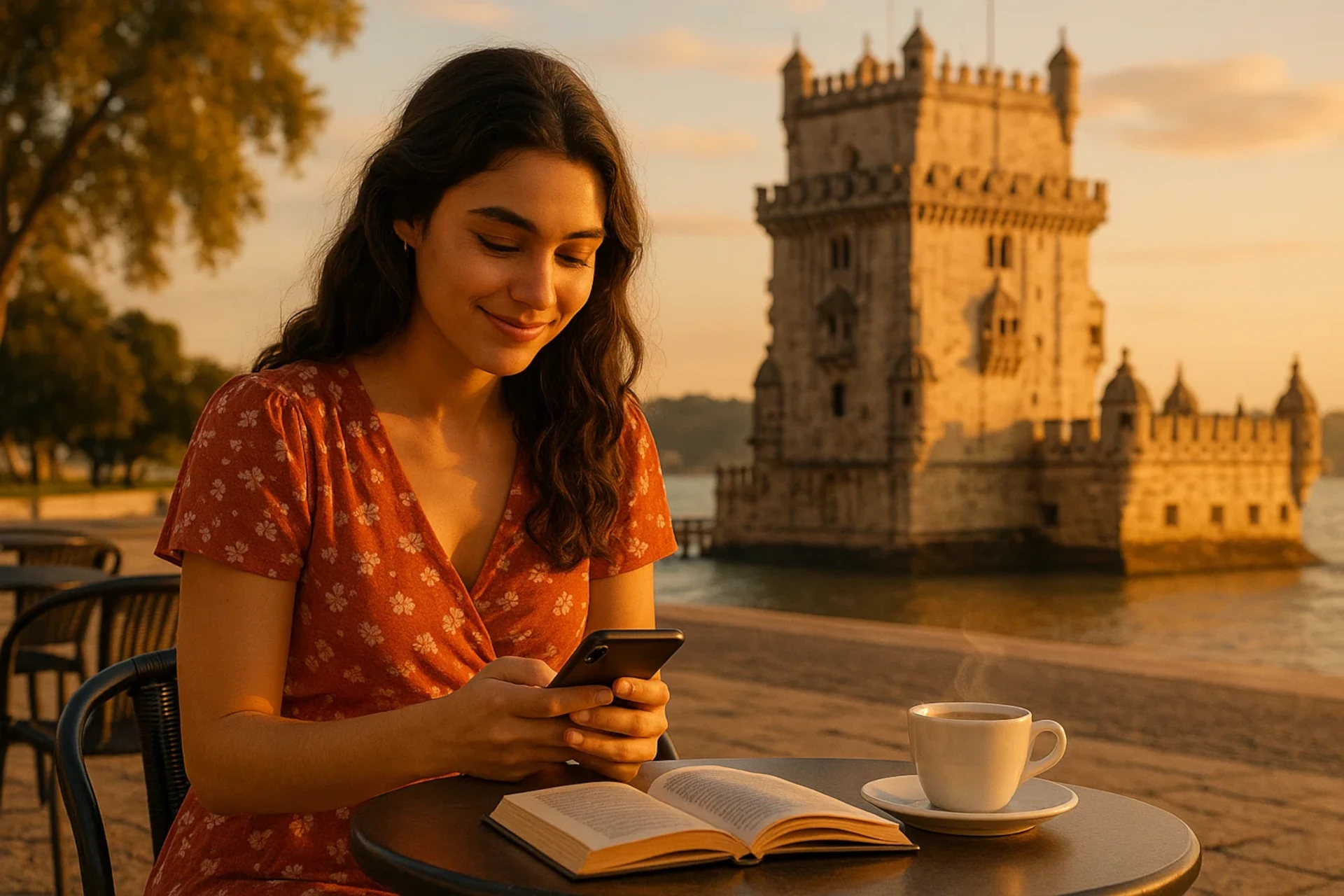 Mulher sorrindo mexe no telemóvel em café ao lado da Torre de Belém ao pôr do sol.