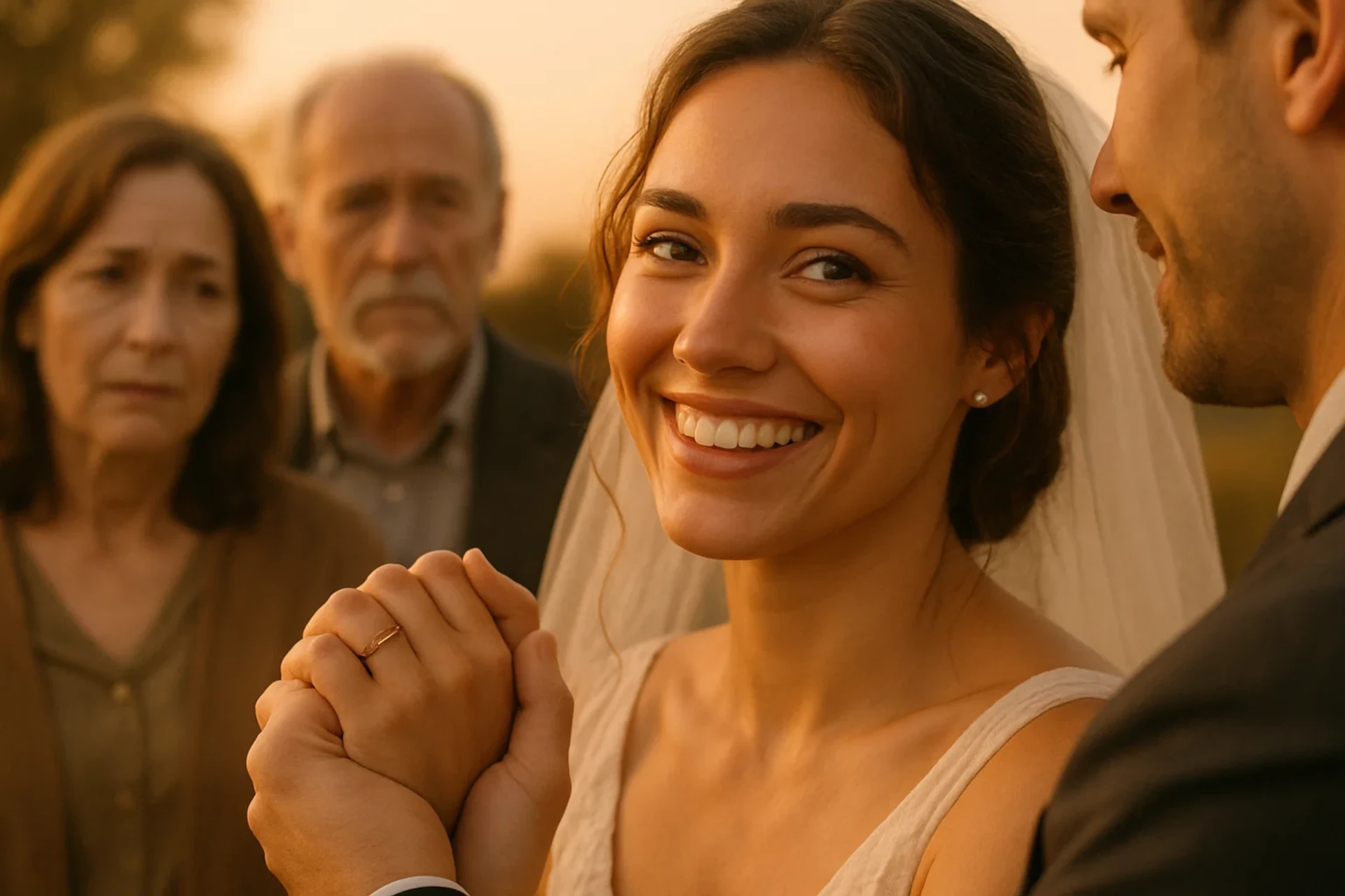 Noiva sorrindo segura mãos do parceiro enquanto familiares observam ao fundo, emocionados.