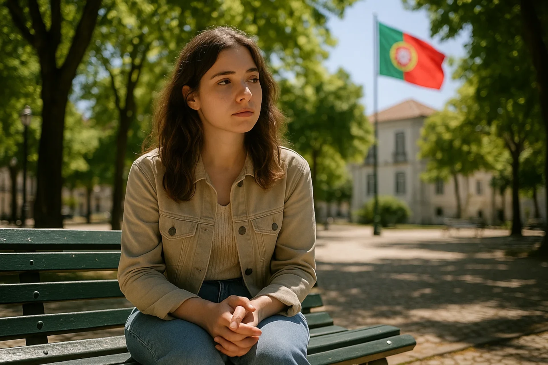 Mulher pensativa sentada num banco de parque ensolarado, com bandeira de Portugal ao fundo.