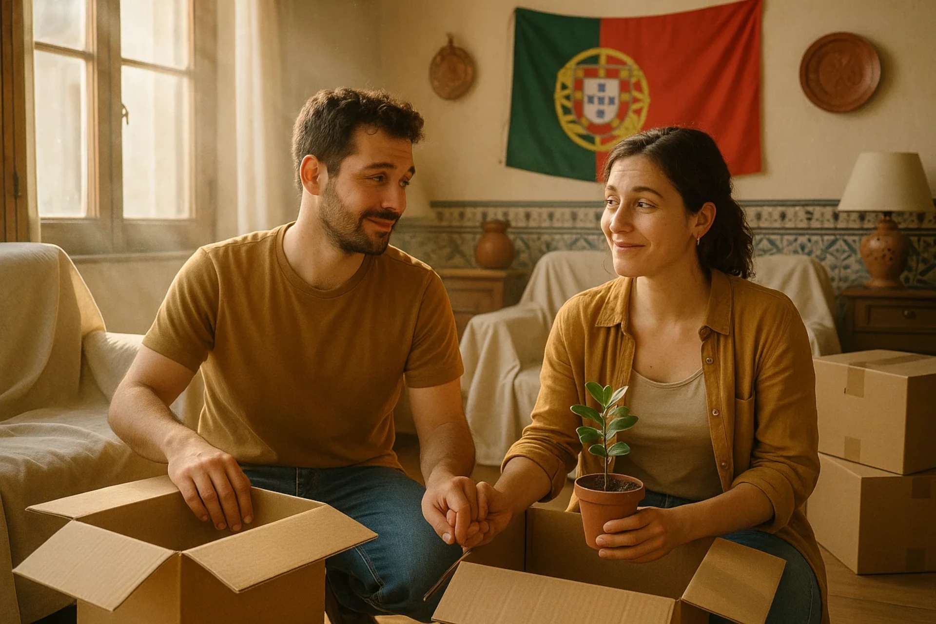 Casal sorridente sentado entre caixas de mudança, segurando uma planta, com bandeira de Portugal ao fundo.