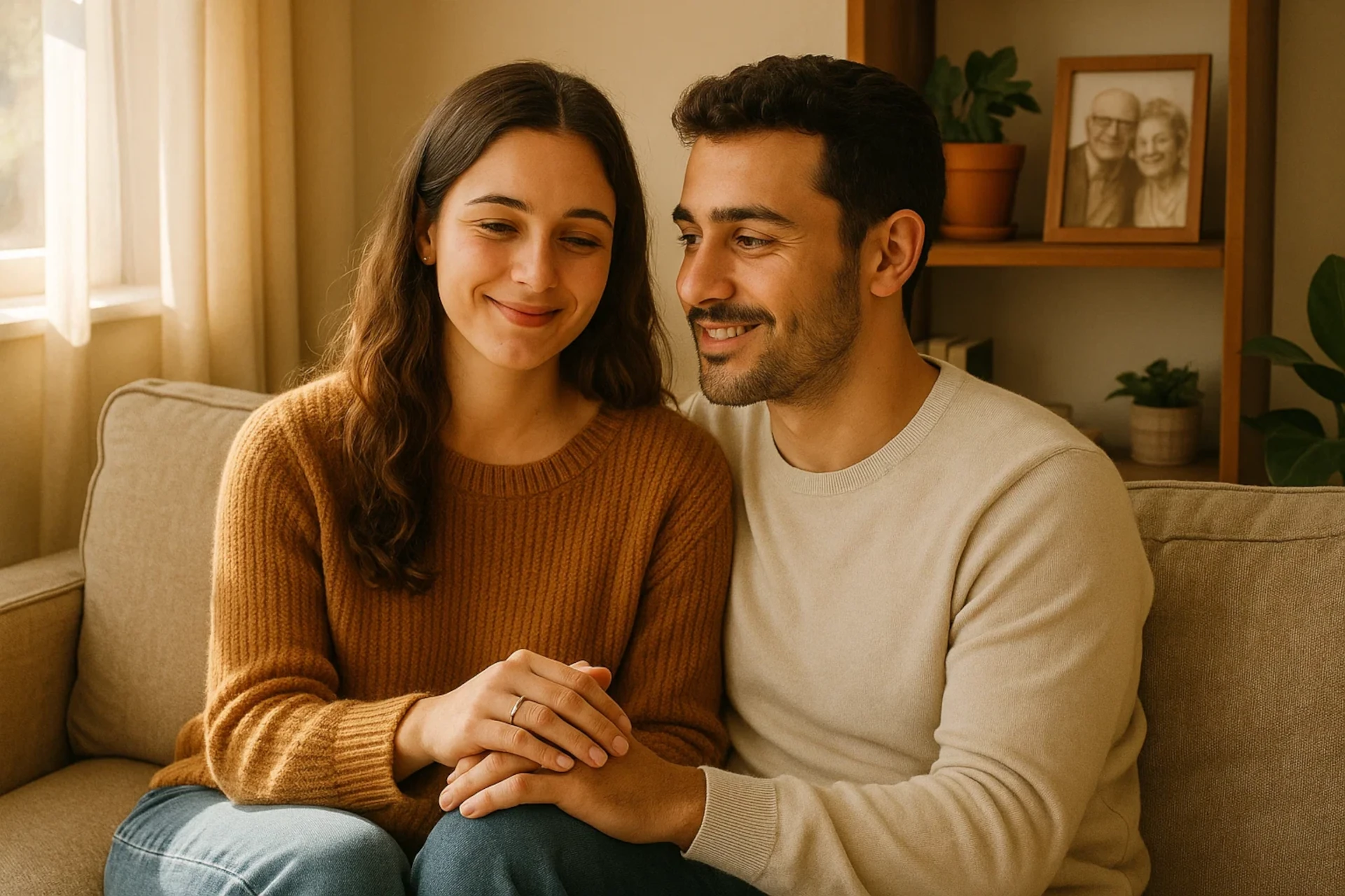 Casal sentado no sofá, sorrindo e segurando as mãos em um ambiente acolhedor.