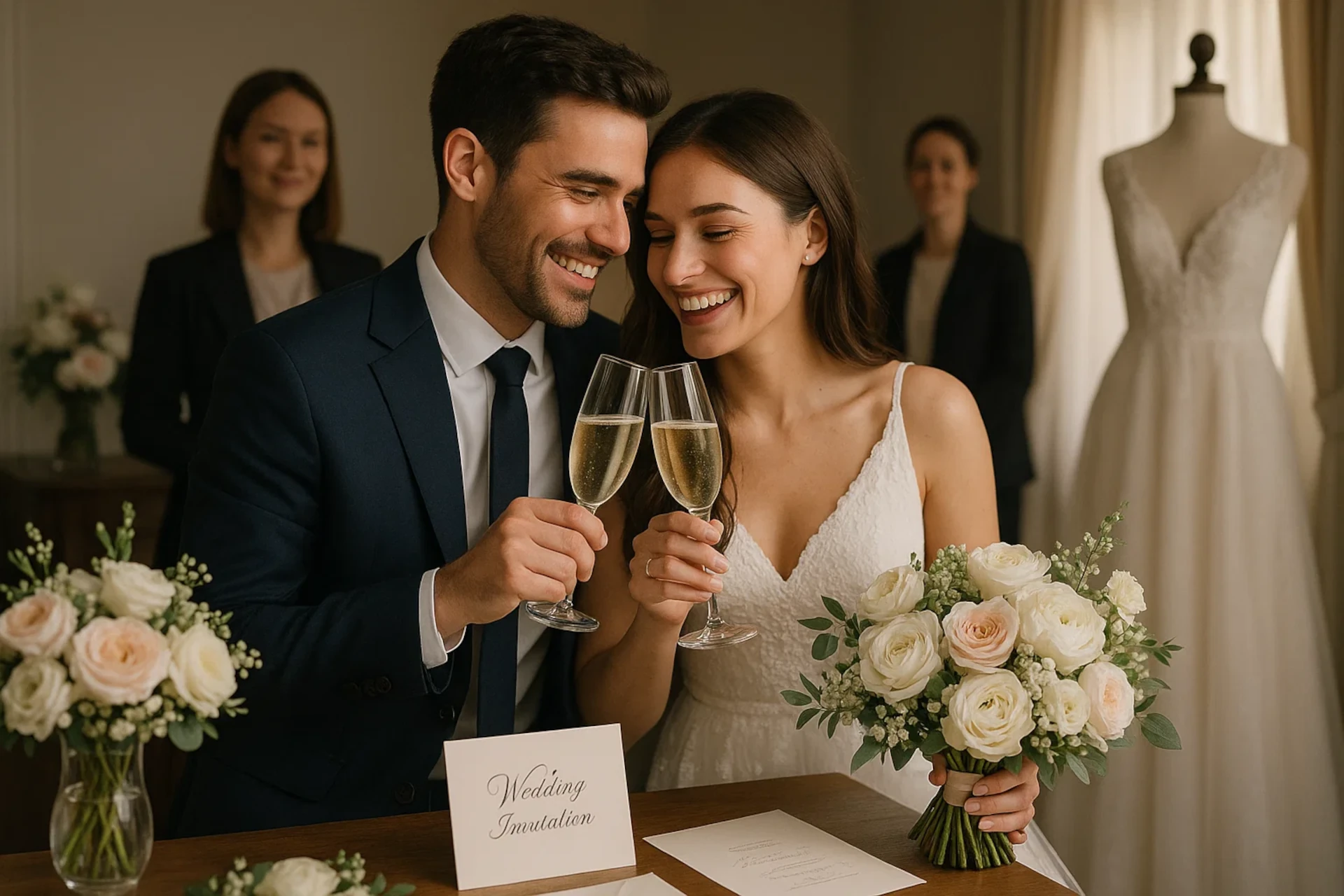 Casal feliz celebra casamento intimista, sorrindo e brindando com taças de champanhe, rodeado por flores e convite.