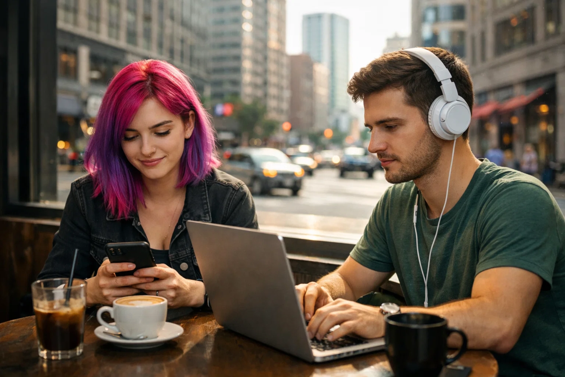 Homem e mulher com cabelo rosa usam laptop e celular em um café na cidade.