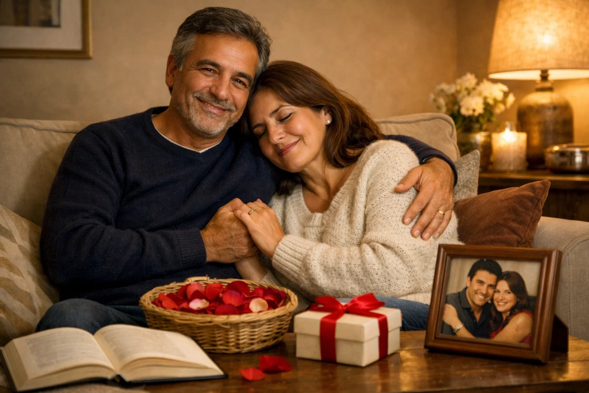 Um casal maduro sorri abraçado no sofá, rodeado por pétalas de rosas, presente e fotos.