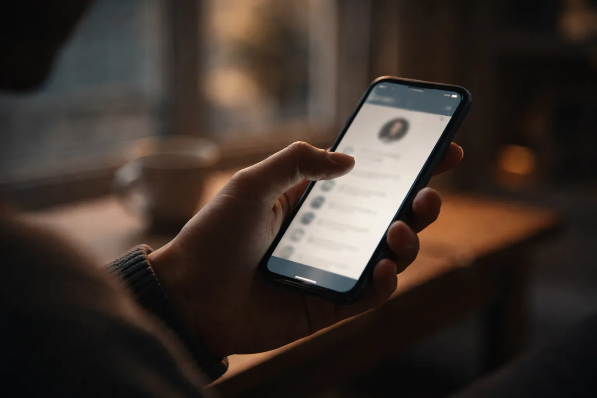 Mão segura telemóvel com lista de conversas aberta, em ambiente escuro e aconchegante, com luz quente ao fundo.